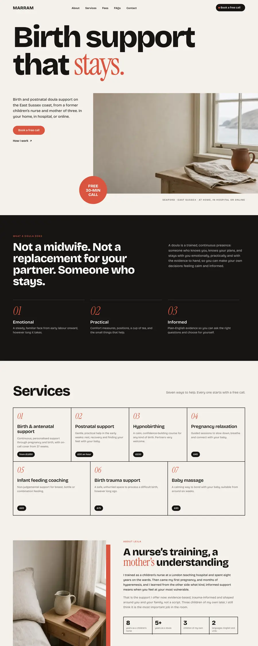 The Bold design: the top of a sample doula homepage