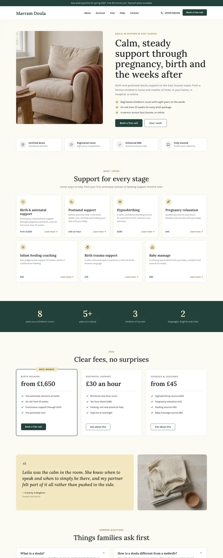 The Brochure design: the top of a sample doula homepage