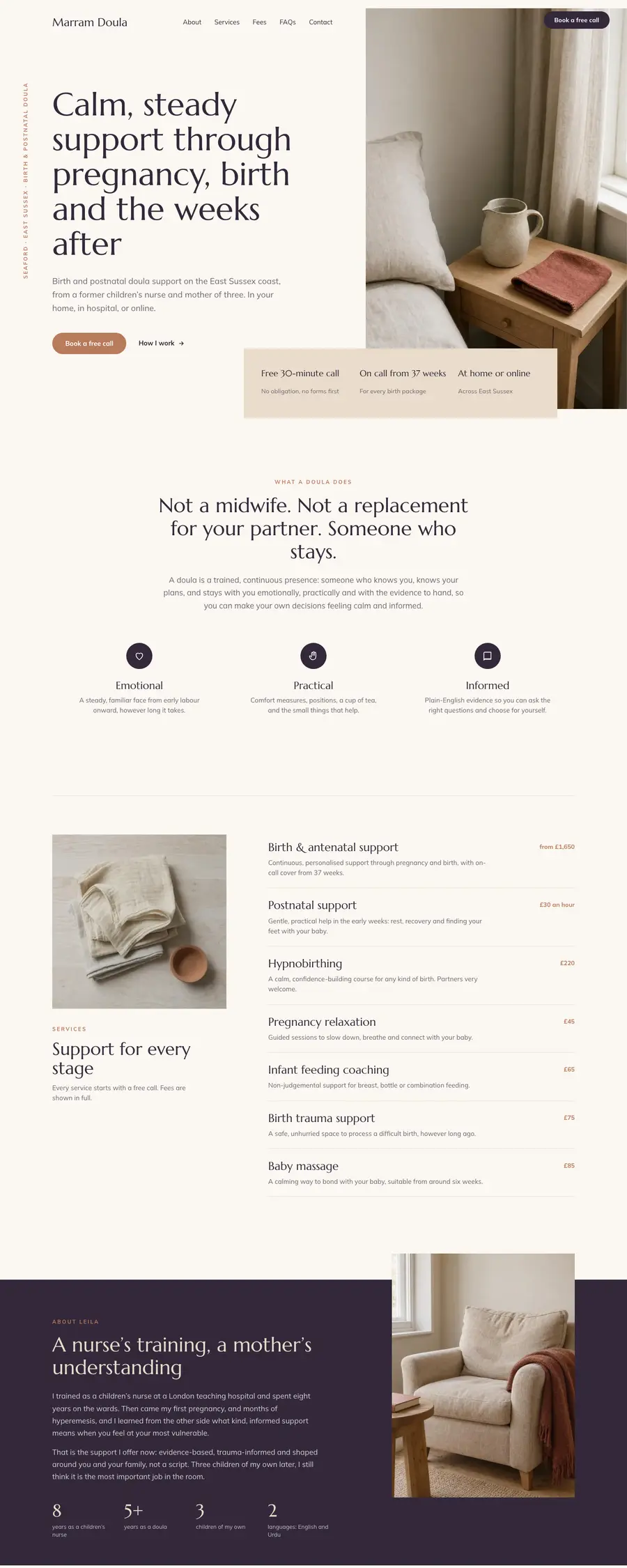 The Coast design: the top of a sample doula homepage
