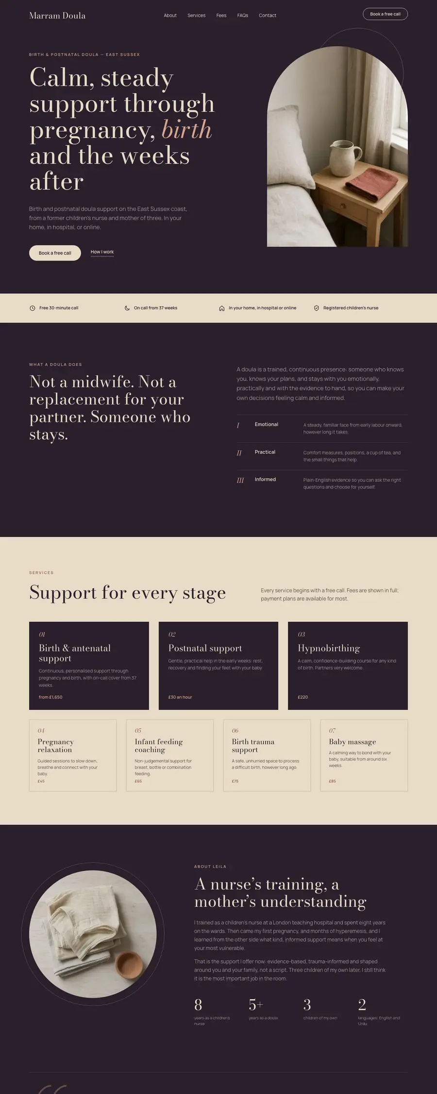 The Dusk design: the top of a sample doula homepage
