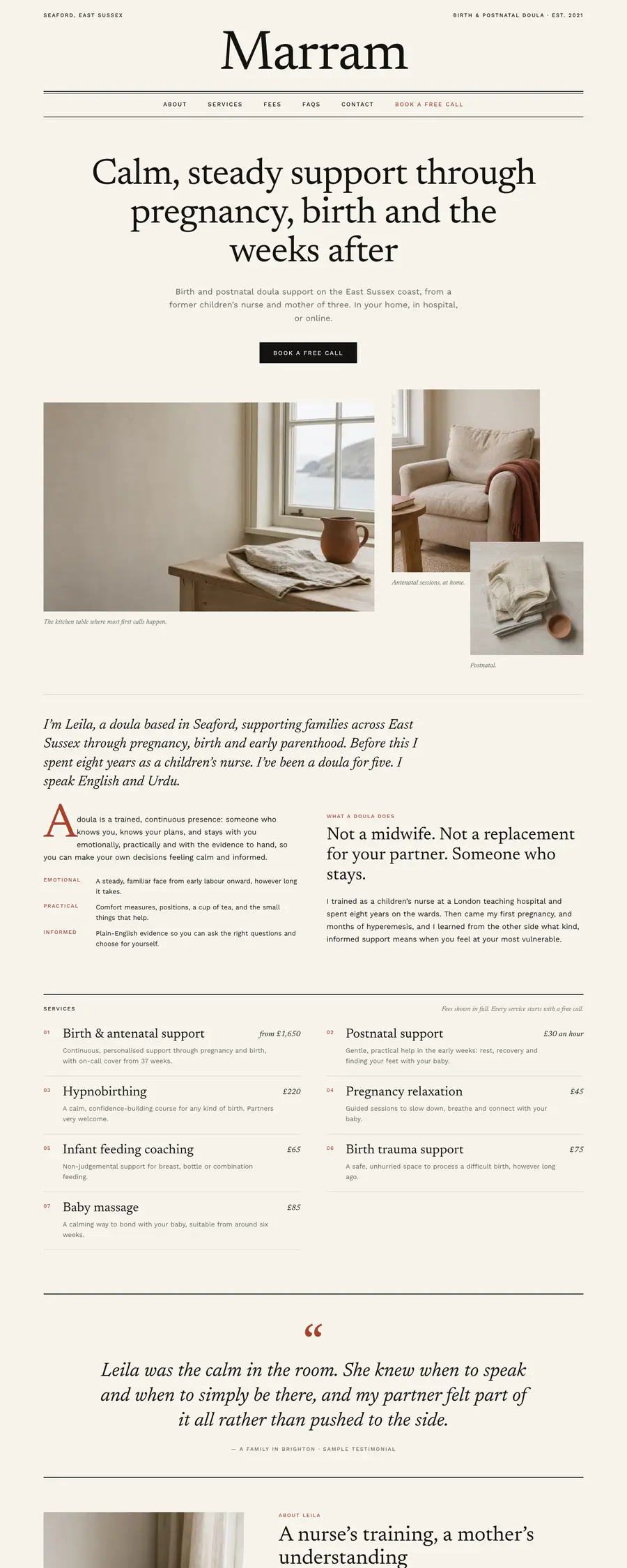 The Journal design: the top of a sample doula homepage