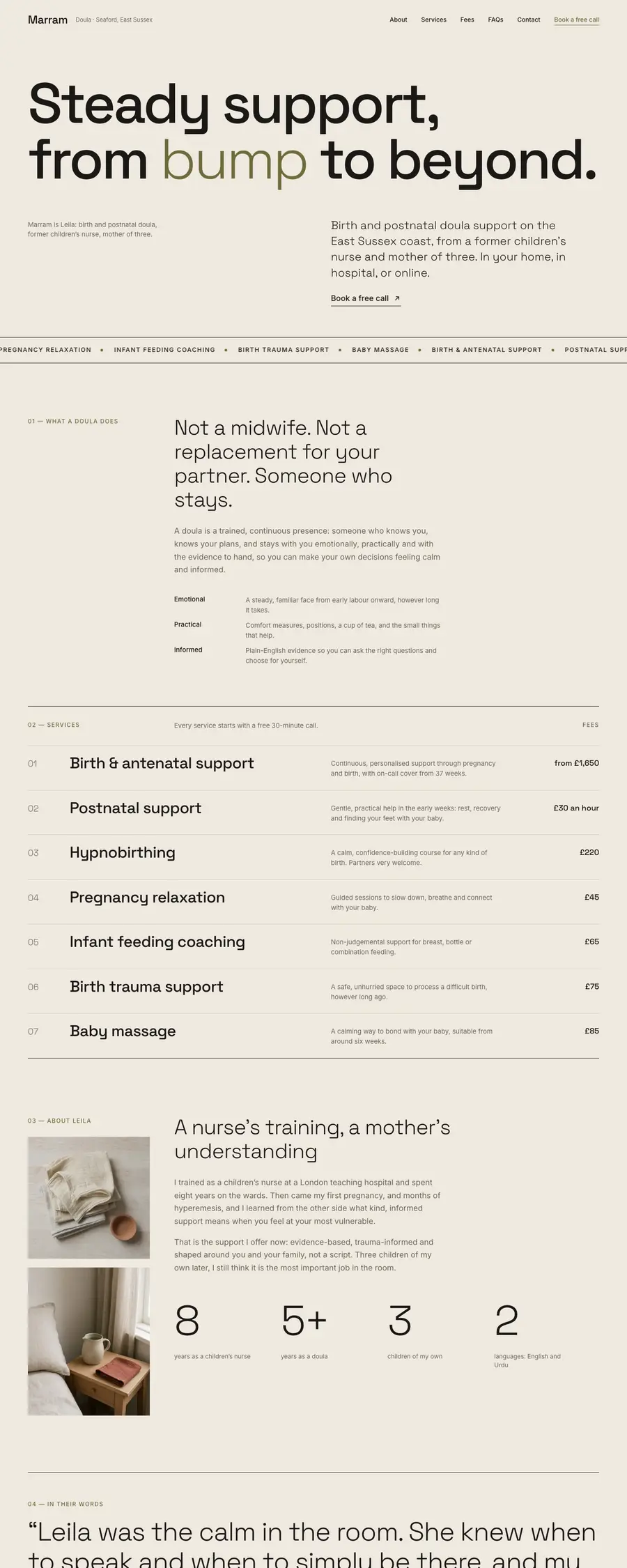 The Plain design: the top of a sample doula homepage