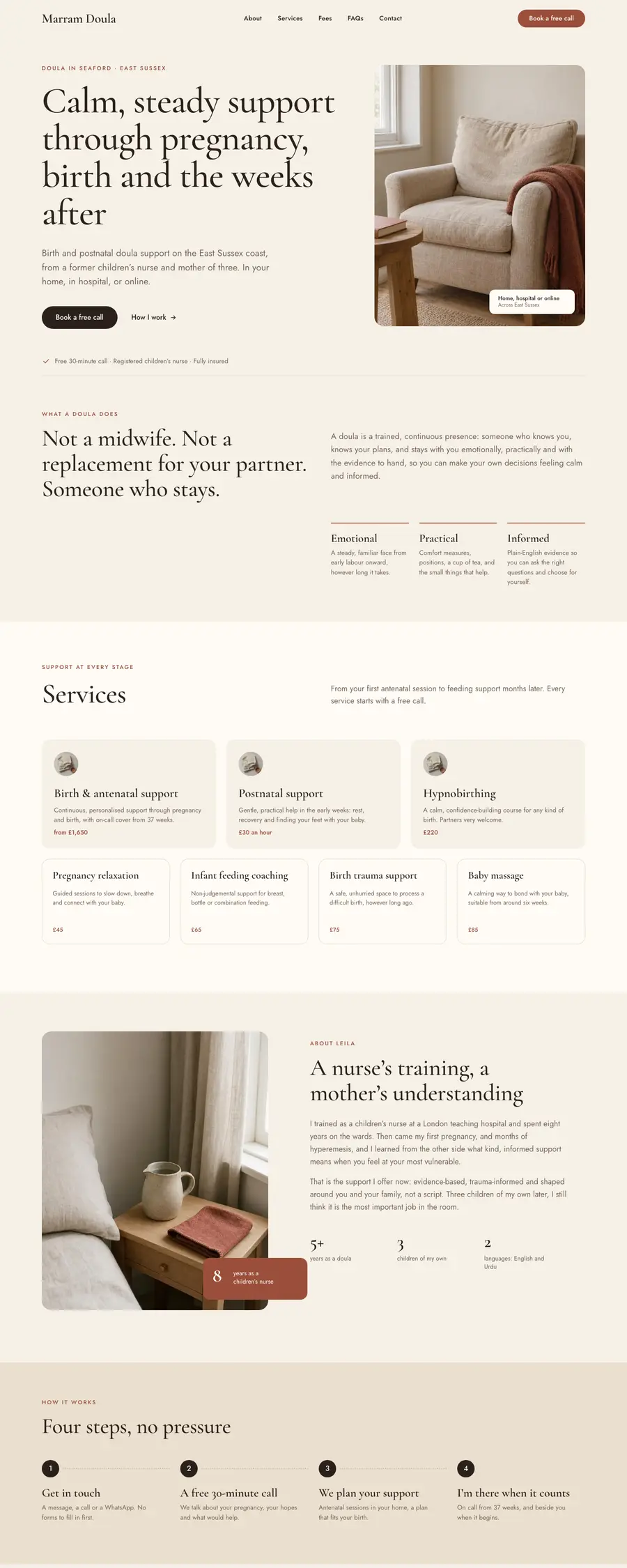 The Shore design: the top of a sample doula homepage