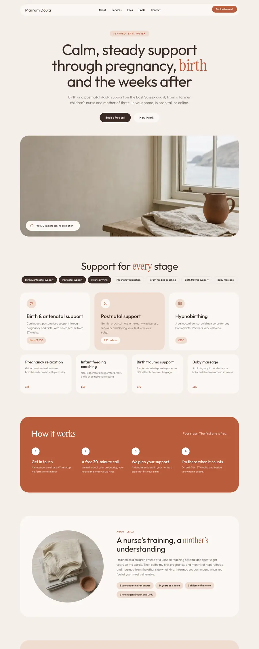 The Soft design: the top of a sample doula homepage