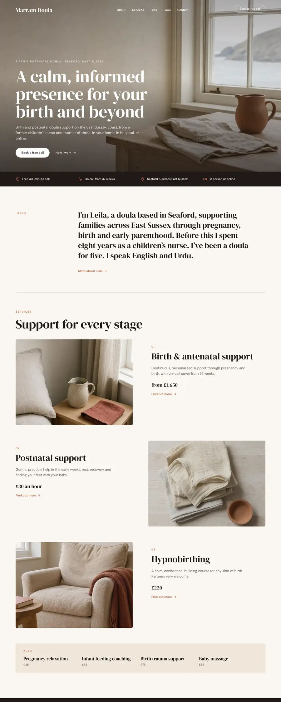 The Tide design: the top of a sample doula homepage